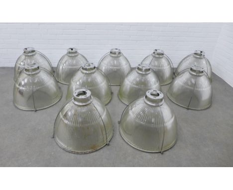 Set of eleven industrial vintage style glass ceiling pendant shades with metal mounts, approx 42 x 60cm (11) 