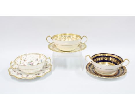 Three bone china soup bowls and saucers  to include Royal Crown Derby - Royal Antoinette pattern and two Aynsley porcelain ex