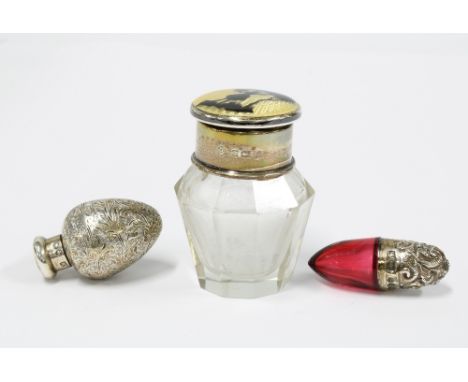 Sampson Mordan &amp; Co miniature silver scent bottle in the  form of an egg,  4cm long, together with a Victorian cranberry 
