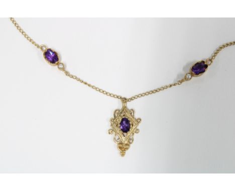 9ct gold amethyst and seed pearl pendant necklace, full set of hallmarks 