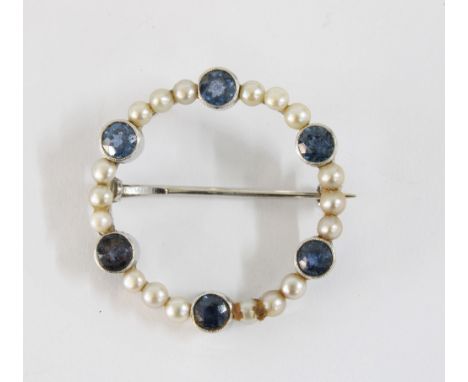 Early 20th century sapphire and pearl brooch set in 14ct white gold 