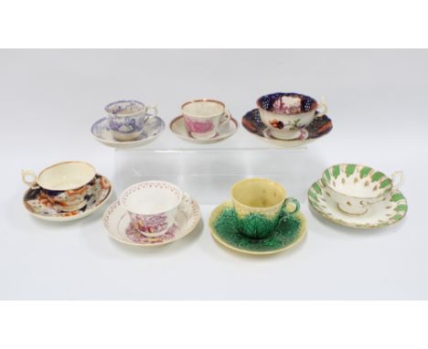A collection of 18th & 19th century teacups and saucers to include Wedgwood majolica and Gaudy Welsh, etc (14) 