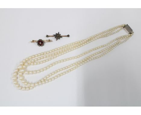 Cultured pearl triple strand necklace with 9ct white gold fastening and two late 19th / early 20th century gemset bar brooche
