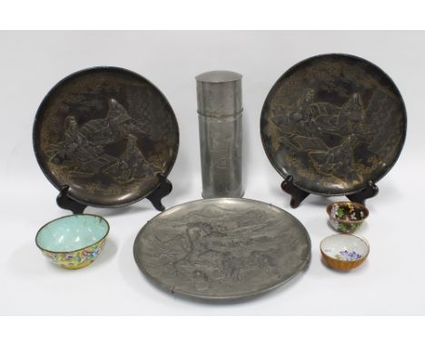 Japanese cylindrical pewter flask, pair of pewter plates and one other, three small bowls to include enamel, porcelain and cl