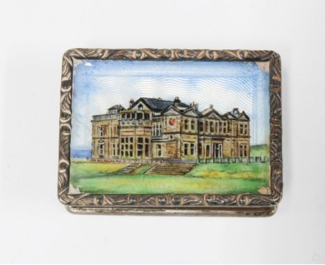 Silver gilt and enamel snuff / pill box, the hinged lid decorated with a view of the Royal &amp; Ancient Clubhouse on the Old