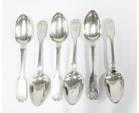 Set of six Scottish silver dessert spoons, fiddle &amp; shell pattern, makers mark for J&amp;W Marshall, Edinburgh 1850, cres