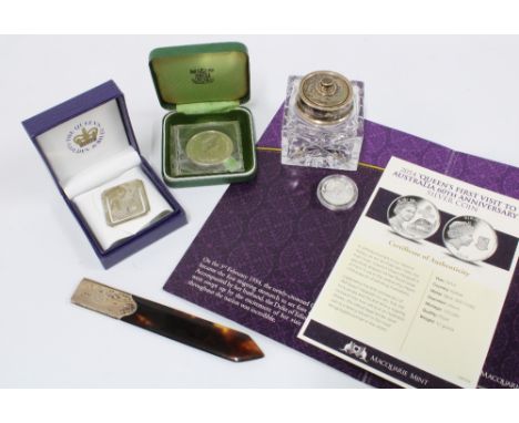 Early 20th century silver mounted tortoiseshell bookmark / paper knife, 14cm long, a silver and glass inkwell bottle, silver 