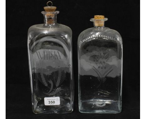 Victorian 'whisky'  etched glass flask and another, 18cm including stopper, (2) 