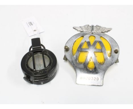 1940 MKIII marching compass and a vintage AA car badge, No. 8B20329 (2) 