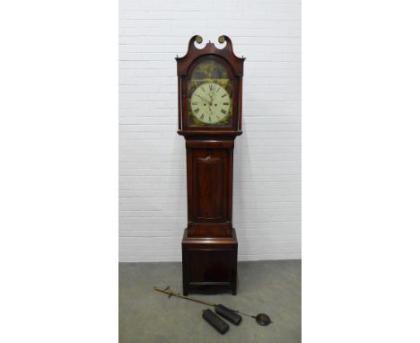 19th century Scottish mahogany longcase clock by Robert Currer, Falkirk, with a swan neck pediment with brass rosettes over a