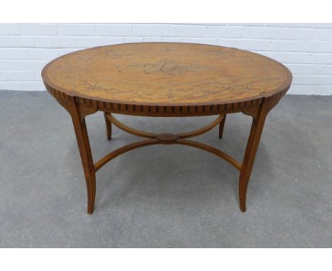 Edwards &amp; Roberts marquetry inlaid table with an oval top and splayed legs united by stretchers, 51 x 88 x 55cm 