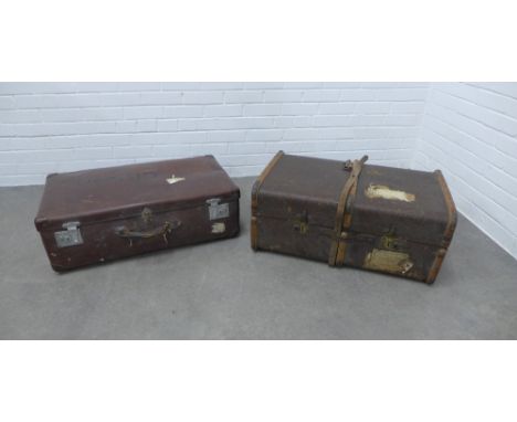 Wooden bound cabin trunk and a vintage brown leather suitcase, 34 x 77 x 50cm (2) 