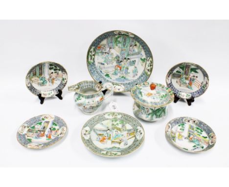 Chinese famille verte porcelain table wares to include a sucrier with cover, jug, five small plates and a  shallow dish, all 