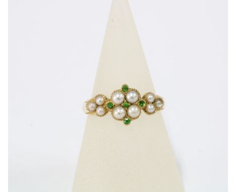 Edwardian 18ct gold pearl and demantoid garnet dress ring, Birmingham 1908 