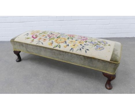 Long footstool with tapestry upholstered top, on short cabriole legs, 30 x 112 x 39cm 