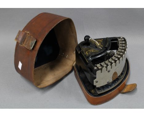 Victorian William's Cheque Punching Co machine, made by Peter Hooker, with original brown leather carry case, 