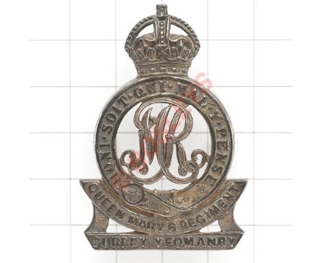 QMR Surrey Yeomanry silver Officer’s cap badge. Fine die-cast example. Reverse impressed “STERLING”.(KK 1476) J.R. Gaunt Lond