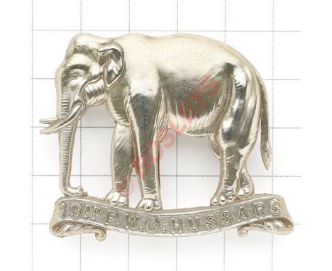 19th Hussars OR's white metal cap badge circa 1898-1902. Die-stamped ''Single scroll elephant''. (KK 789) Loops VGC The Eleph