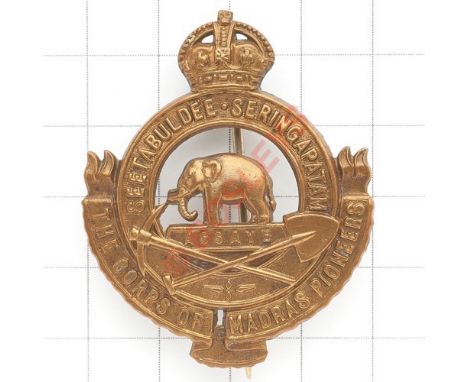 Indian Army. Corps of Madras Pioneers die-stamped brass pagri badge. British made crowned “Seetabuldee Seringapatam” circlet 