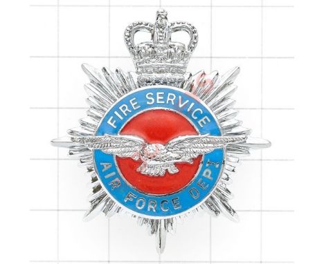 Air Ministry Fire Services post 1953 cap badge. Die-cast chrome plated with central red and blue enamel mount Loops VGC 