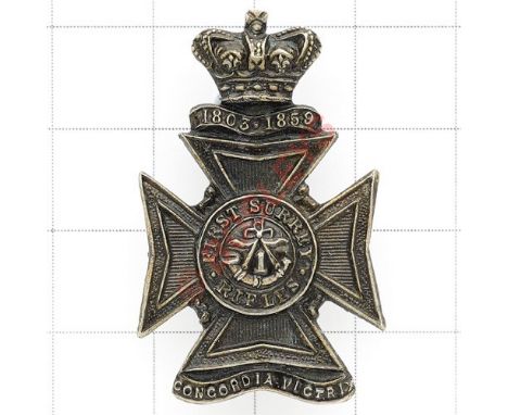 First Surrey Rifles Victorian OR's Field Service cap badge circa 1896-1901. Die-stamped blackened white metal Maltese cross e