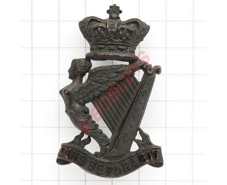 Royal Irish Rifles Victorian Officer’s pagri badge circa 1881-1901. Die-stamped blackened brass crowned Maid of Erin Harp res