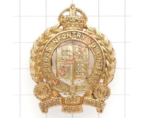Indian Army. Madras Infantry Volunteers AFI Officer’s cap badge. Lightly die-stamped with gilt finish (as Cox 2698 but voided