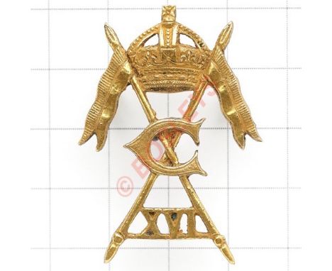 Indian Army. 16th Cavalry Officer’s cap badge circa 1903-22. Good cast gilt example. Crowned crossed lances bearing ‘C’, ‘ XV