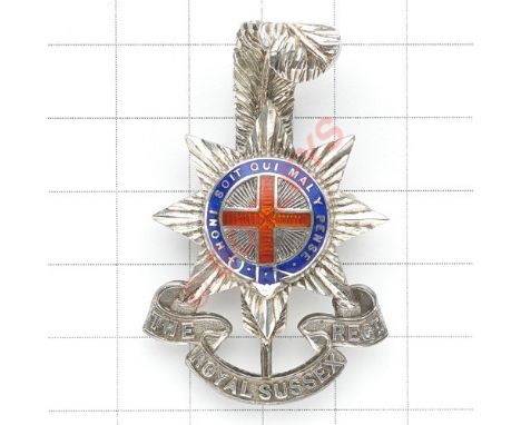 Royal Sussex Regiment silver and enamelled cap badge. Fine die-cast example. Reverse impressed “STERLING”. JRG&S (JR Gaunt an
