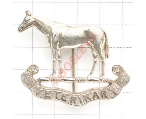 Indian Army. Veterinary Service pagri 1930 Birmingham hallmarked silver pagri badge. Die-cast horse on “VETERINARY” scroll. E