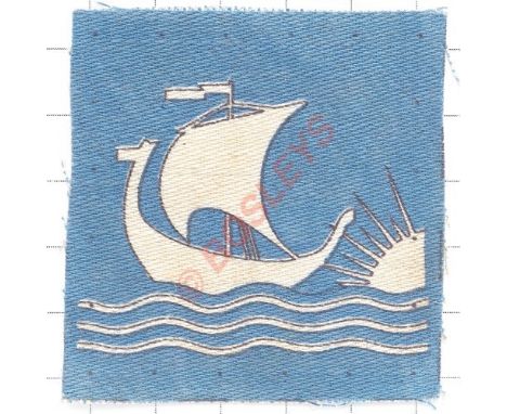 British Troops in Norway WW2 printed cloth formation sign. White Viking ship and sunrise printed on light blue rectangle. VGC