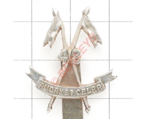 Indian Army. 48th Cavalry scarce WW2 raised Officer’s cap badge circa 1941-44. Native silver crossed lances with “48” to cent