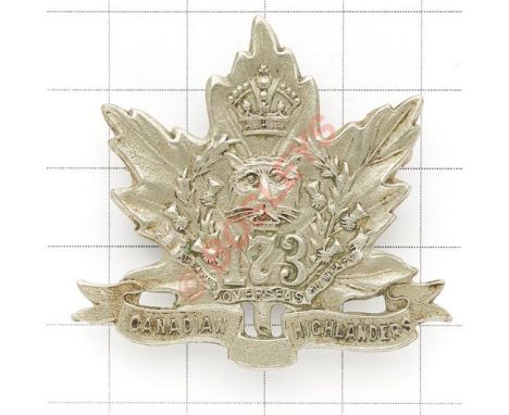 173rd (Canadian Highlanders) Bn. CEF WW1 Officer’s white metal cap badge. Geo. H.Lees & Co. Pin fitting, hook AF GC Raised at