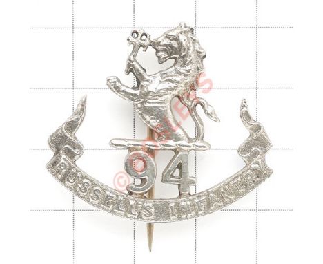 Indian Army. 94th Russell’s Infantry Officer’s head-dress badge circa 1903-22. Cast native silver demi-lion rampant over “94”