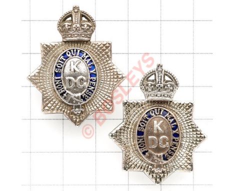 King’s Dragoon Guards Officer’s pair 1930 Birmingham hallmarked silver collar badges. A fine die-cast silver and blue enamel 