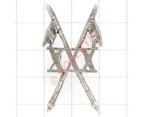 Indian Army. 30th Lancers (Gordon’s Horse) Officer’s cap badge circa 1903-22. Cast native silver example. XXX superimposed on
