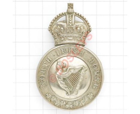 North Irish Horse scarce post 1908 white-metal headdress badge. A fine die-stamped white metal example with applied Maid of E