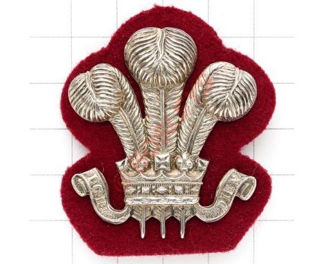 10th Royal Hussars Corporal’s 1969 Birmingham hallmarked silver arm badge. Die-stamped Prince of Wales’s plumes and motto. JR