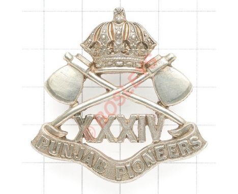 Indian Army. 34th Punjab Pioneers scarce pre 1903 Officer’s cap badge. British made die-stamped silvered example. Guelphic cr