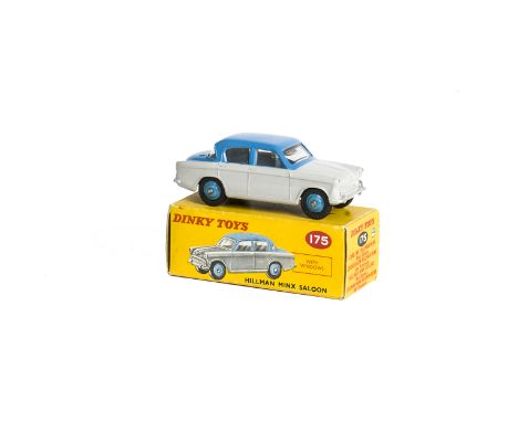 A Dinky Toys 175 Hillman Minx Saloon, light grey body, blue roof, boot and hubs, in original box, E, box G 