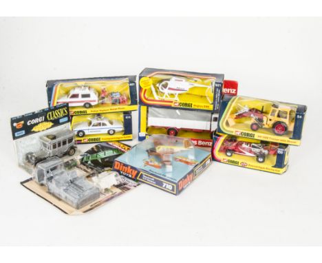 Corgi &amp; Dinky Toys, Corgi Toys 414 Coastguard Jaguar, 461 Police Vigilant Range Rover, 921 Hughes 369, 159 Patrick Eagle 