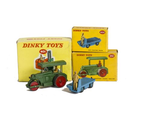 Dinky Toy Construction Vehicles, 401 Coventry Climax Fork Lift Truck, 400 B.E.V Electric Truck, 21 Aveling-Barford Diesel Rol