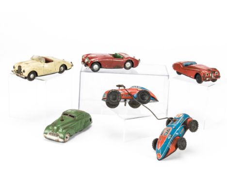 Scalex and other Tinplate Cars including a pair of 'connected' clockwork Racing Cars, Scalex, red Austin Healey, white Sunbea