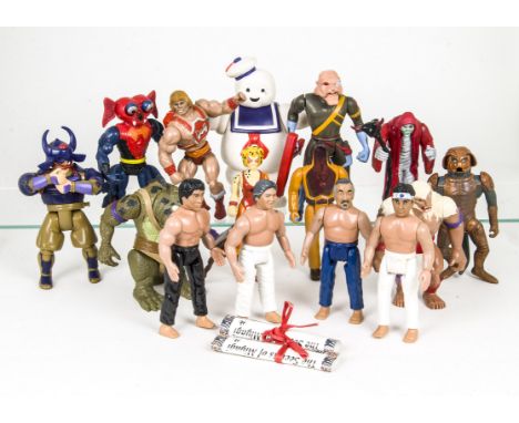 1980s Action Figures, including Tonka Super Naturals (4), Remco Karate Kid (4), Kenner Ghost Busters (3), Ljn Thundercats (7)