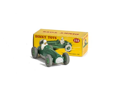 A Dinky Toys 233 Cooper-Bristol Racing Car, green body, mid-green hubs, white RN6, in original box, E, driver's head retouche