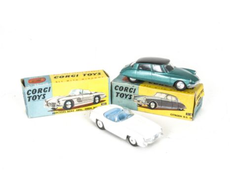 Corgi Toys 303 Mercedes-Benz 300SL Open Roadster, white body, light blue interior, flat spun hubs, 210 Citroen DS19, metallic