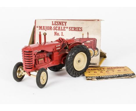 An Early Lesney Major-Scale Massey-Harris 745D Tractor No.1, red body, beige hubs, black rubber tyres, with remains of origin