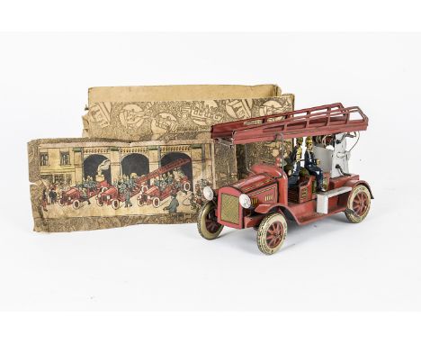 A Tippco Tinplate Clockwork Fire Engine, with fixed key motor, detailed tinprinted body, four firemen, 'Dunlop Cord' tyres, u