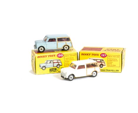 Dinky Toys 199 Austin Seven Countryman, light blue body, red interior, spun hubs, 197 Morris Mini Traveller, cream body, red 