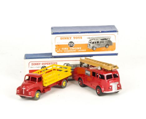 Dinky Toys 555 Fire Engine, red body, silver trim, uncommon tan ladders, 531 Leyland Comet Lorry, red cab and chassis, yellow